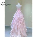 Temperament Pink Evening Dress Women Luxury Elegant Ruffles Fairy Birthday Prom Gown Exquisite