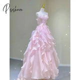 Temperament Pink Evening Dress Women Luxury Elegant Ruffles Fairy Birthday Prom Gown Exquisite Sleeveless Bride Banquet Vestido