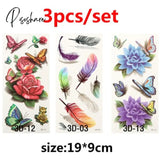 Temporary Tattoos Sticker Water Transfer For Body Art Cool 3D Waterproof Girls Flower Type E 3Pcs