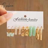 Trendy Colorful Earrings Set For Women Girls Green Resin Pearl Gold Color Metal Circle Dangle New