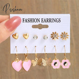 Trendy Colorful Earrings Set For Women Girls Green Resin Pearl Gold Color Metal Circle Dangle New