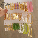 Trendy Colorful Earrings Set For Women Girls Green Resin Pearl Gold Color Metal Circle Dangle New