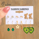 Trendy Colorful Earrings Set For Women Girls Green Resin Pearl Gold Color Metal Circle Dangle New