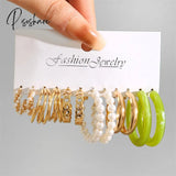 Trendy Colorful Earrings Set For Women Girls Green Resin Pearl Gold Color Metal Circle Dangle New