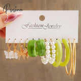 Trendy Colorful Earrings Set For Women Girls Green Resin Pearl Gold Color Metal Circle Dangle New