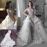 Tulle High-Neck Appliques Detachable-Train Wedding Dress Long Sleeves Glamorous Dresses Luxury