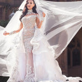 Tulle High-Neck Appliques Detachable-Train Wedding Dress Long Sleeves Glamorous Dresses Luxury