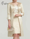 Two Piece Sheath / Column Mother Of The Bride Dress Elegant Jewel Neck Knee Length Lace 3/4 Sleeve