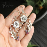 Unique Silver Plated Separated Lotus Leaf Inlaid With Red Stone Hanging Teardrop Earrings New