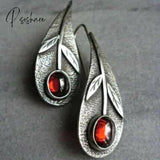 Unique Silver Plated Separated Lotus Leaf Inlaid With Red Stone Hanging Teardrop Earrings New