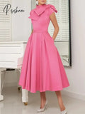 Vintage A-Line Short Mother Of The Bride Dress With Pockets Elegant High Neck Tea Length Satin