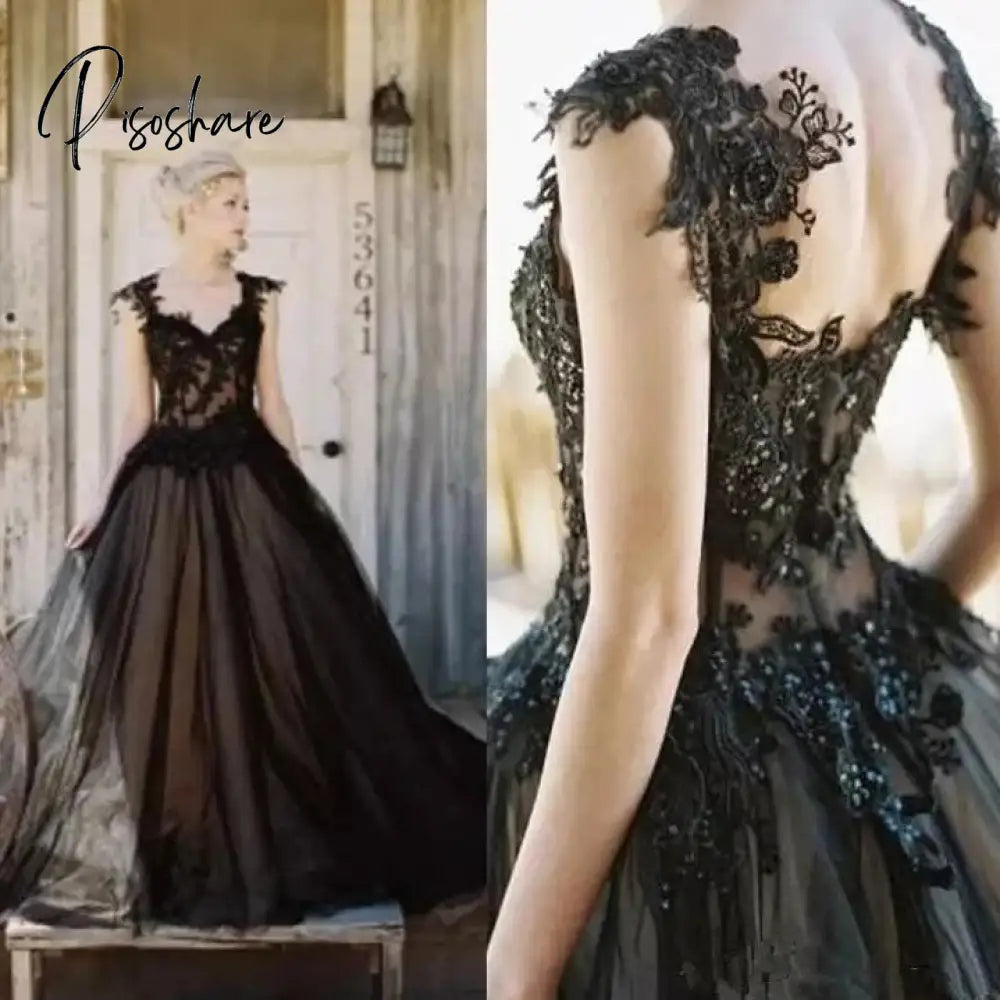 Vintage Black Wedding Dresses Lace Applique Sweetheart A-Line Gothic Bridal Dress Beaded Backless