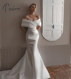 Vintage Long Pleated Satin Wedding Dresses Mermaid Off Shoulder Gowns Sweep Train Custom Made