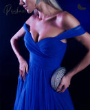 Vintage Long Royal Blue Tulle Evening Desses A-Line Off Shoulder Vestidos De Noite Floor Length