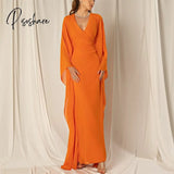 Vintage Long V-Neck Chiffon Evening Dresses With Sleeves فساتين سهرة Sheath Orange Ankle