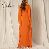 Vintage Long V-Neck Chiffon Evening Dresses With Sleeves فساتين سهرة Sheath Orange Ankle