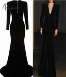 Vintage Long Velvet Black Evening Dresses Mermaid V-Neck فساتين السهرة Robe De Soiree Longue Party Gowns for Women