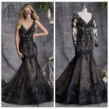 Vintage Pagan Wedding Dresses Detachable Long Sleeves V Neck Full Lace Gothic Halloween Black