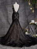 Vintage Pagan Wedding Dresses Detachable Long Sleeves V Neck Full Lace Gothic Halloween Black