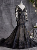 Vintage Pagan Wedding Dresses Detachable Long Sleeves V Neck Full Lace Gothic Halloween Black