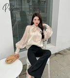 Vintage Satin Silk Shirt Women Fashion Blouse Elegant Turn Down Collar Female White Long Sleeve