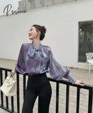 Vintage Satin Silk Shirt Women Fashion Blouse Elegant Turn Down Collar Female White Long Sleeve