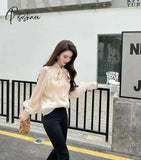 Vintage Satin Silk Shirt Women Fashion Blouse Elegant Turn Down Collar Female White Long Sleeve