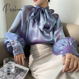 Vintage Satin Silk Shirt Women Fashion Blouse Elegant Turn Down Collar Female White Long Sleeve