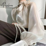 Vintage Satin Silk Shirt Women Fashion Blouse Elegant Turn Down Collar Female White Long Sleeve