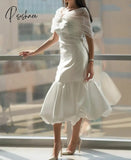 Vintage Short Satin Off Shoulder Ivory Evening Desses Mermaid Tulle Pleated Muslim Tea Length Prom