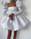 Vintage Short White Taffeta Evening Desses With Pockets A-Line Sqaure Collar Above Knee Length Prom