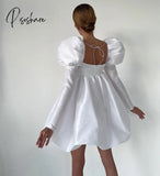 Vintage Short White Taffeta Evening Desses With Pockets A-Line Sqaure Collar Above Knee Length Prom