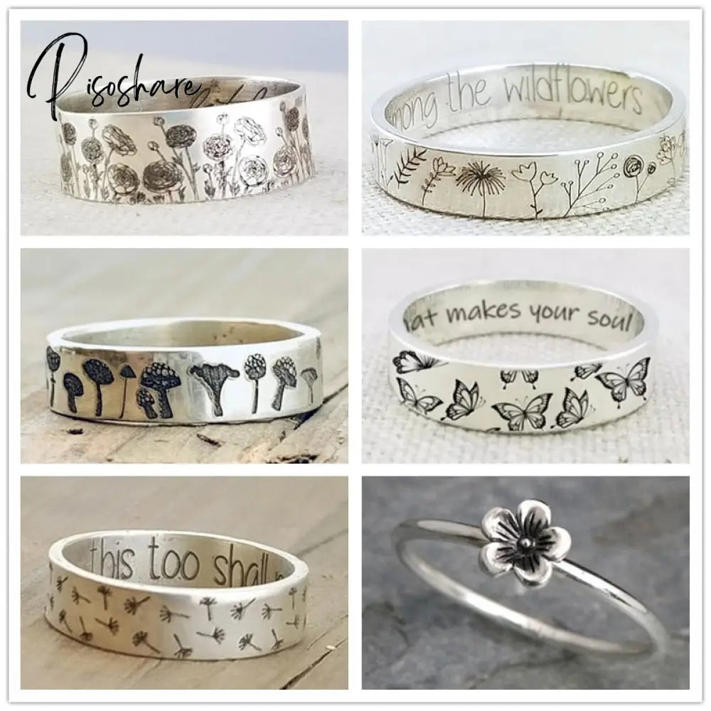 Vintage Silver Color Rings Mens Womens Exquisite Hand Carved Floral Boho Simple Style Wedding
