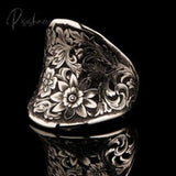 Vintage Silver Color Rings Mens Womens Exquisite Hand Carved Floral Boho Simple Style Wedding