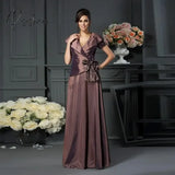 Vintage Taffeta Mother Of The Bride Dresses V Neck Short Sleeves Bow A Line Floor-Length Pleat