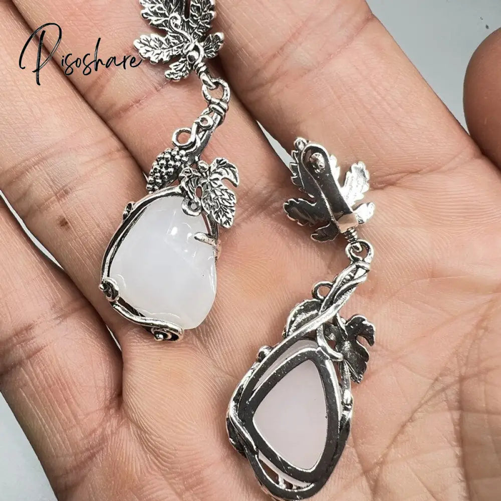 Vintage Water Droplets White Stone Earrings Silver Color Metal Carved Leaves Long Dangle For Women