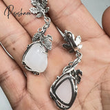 Vintage Water Droplets White Stone Earrings Silver Color Metal Carved Leaves Long Dangle For Women