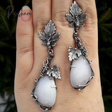 Vintage Water Droplets White Stone Earrings Silver Color Metal Carved Leaves Long Dangle For Women