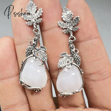 Vintage Water Droplets White Stone Earrings Silver Color Metal Carved Leaves Long Dangle For Women