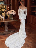 Vintage Women’s Mermaid Bridal Gown Gorgeous Lace Long Sleeve Princess Prom Wedding Dresses