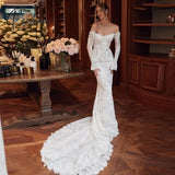 Vintage Women’s Mermaid Bridal Gown Gorgeous Lace Long Sleeve Princess Prom Wedding Dresses