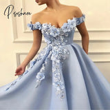 Vkiss Store Off Shoulder Tulle Prom Dresses Women Formal Party Night Long Light Blue Appliqus