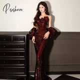 Wedding Toast Dress Wine Red Three-Dimensional Flower Slim-Fit Banquet Tube Top Sequined Fishtail