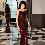 Wedding Toast Dress Wine Red Three-Dimensional Flower Slim-Fit Banquet Tube Top Sequined Fishtail