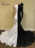 White And Black Prom Dresses Mermaid For Girls Sparkly Sequin Long Sleeveve Rufflues African Formal