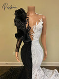 White And Black Prom Dresses Mermaid For Girls Sparkly Sequin Long Sleeveve Rufflues African Formal