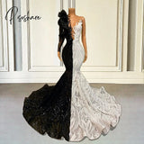 White And Black Prom Dresses Mermaid For Girls Sparkly Sequin Long Sleeveve Rufflues African Formal