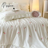 White Korean Princess Style Pink Rose Flowers Embroidery Ruffles Thin Summer Quilt Blanket Air