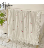 White Korean Princess Style Pink Rose Flowers Embroidery Ruffles Thin Summer Quilt Blanket Air