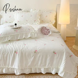 White Korean Princess Style Pink Rose Flowers Embroidery Ruffles Thin Summer Quilt Blanket Air